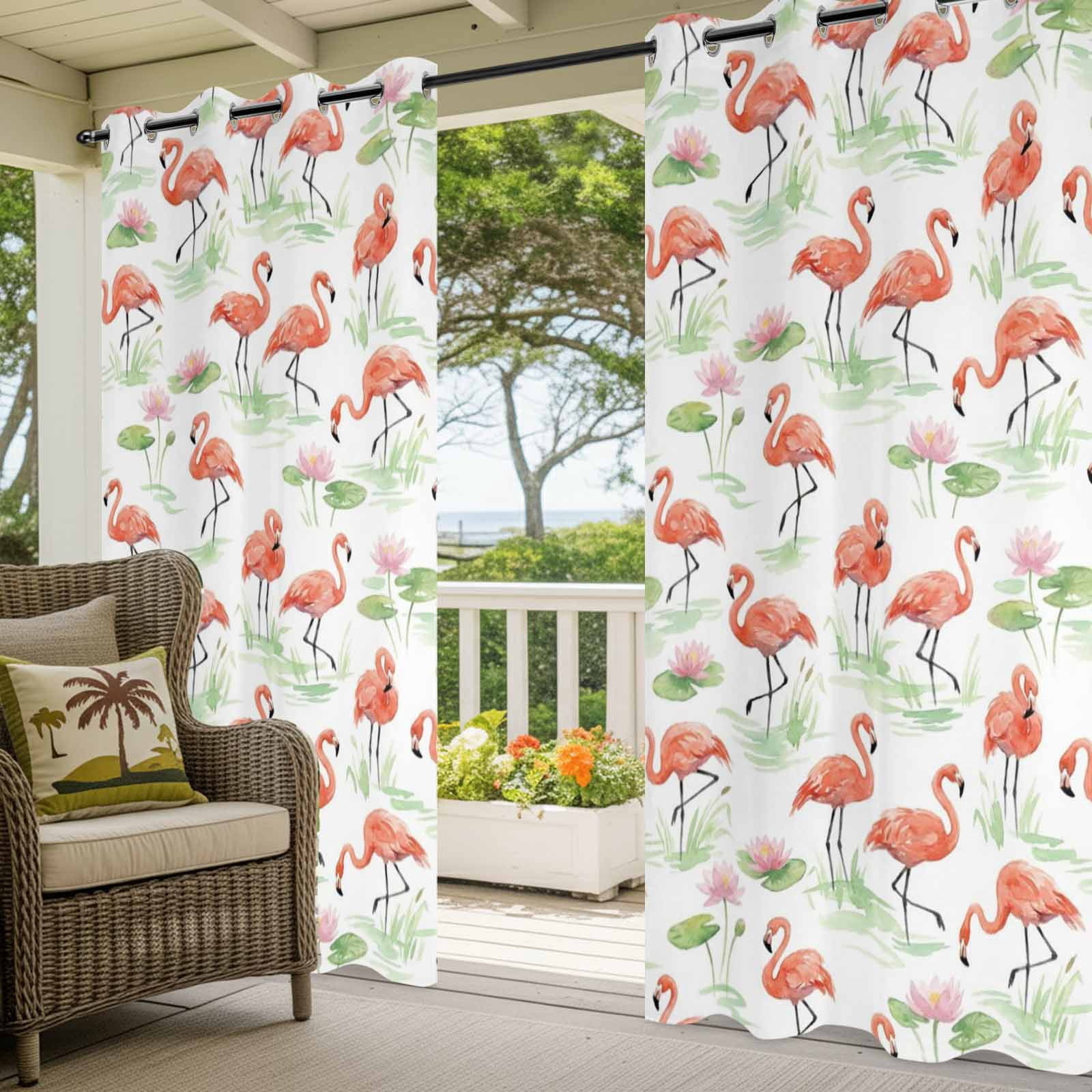 Pink Flamingos Outdoor Curtains for Patio, Boho Summer Pink Tropical Vibe Lotus Flower Lotus Leaf Sunshade Privacy Drapes Grommet Waterproof Outside Curtains for Porch Balcony 54"x108", 1 Panel
