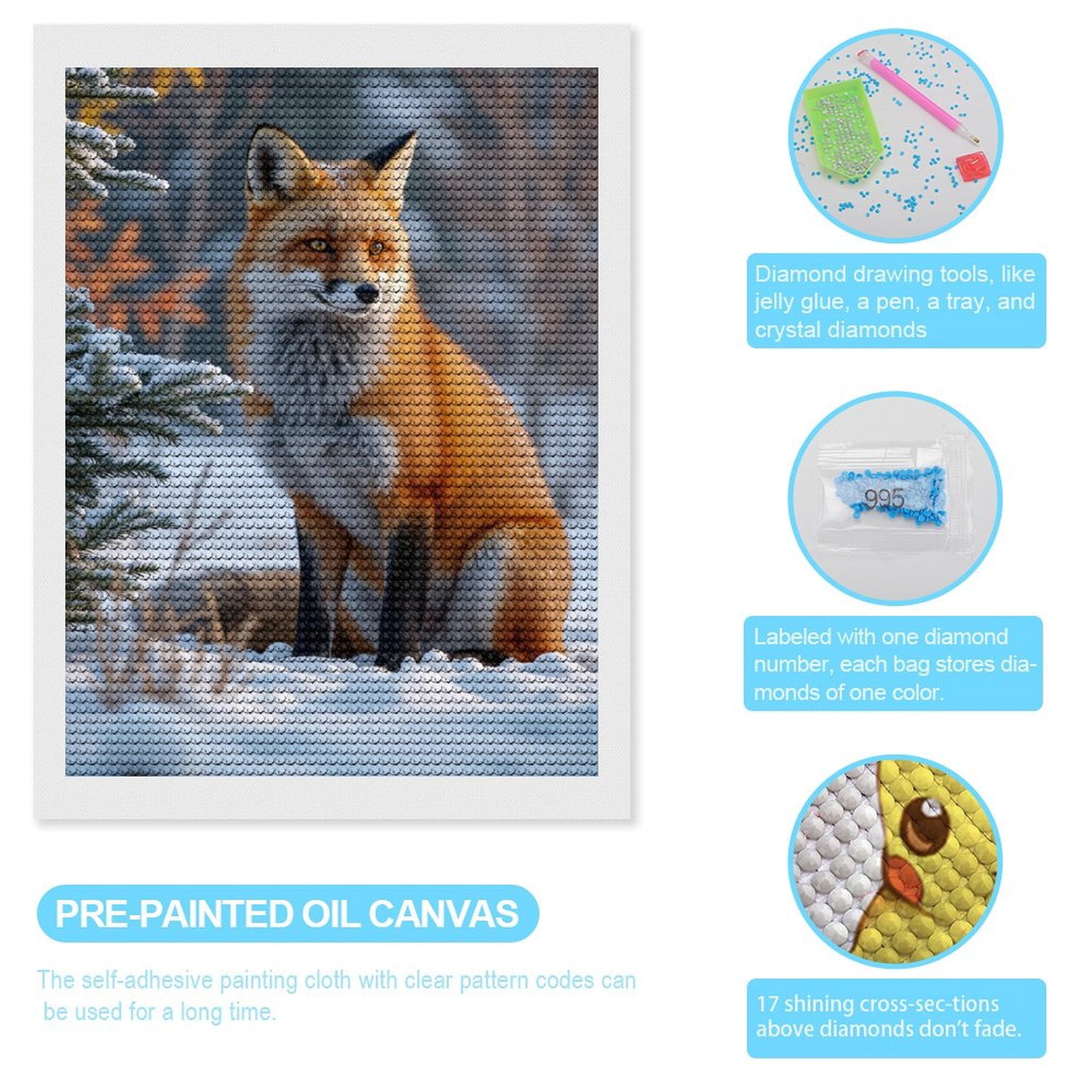 Diamond Art Kits for Adults, Fox Snow Sitting Winter Scene 5D Diamond Painting Kits for Adults Beginners, DIY Full Drill Diamond Painting, Gem Art and Crafts 12x16