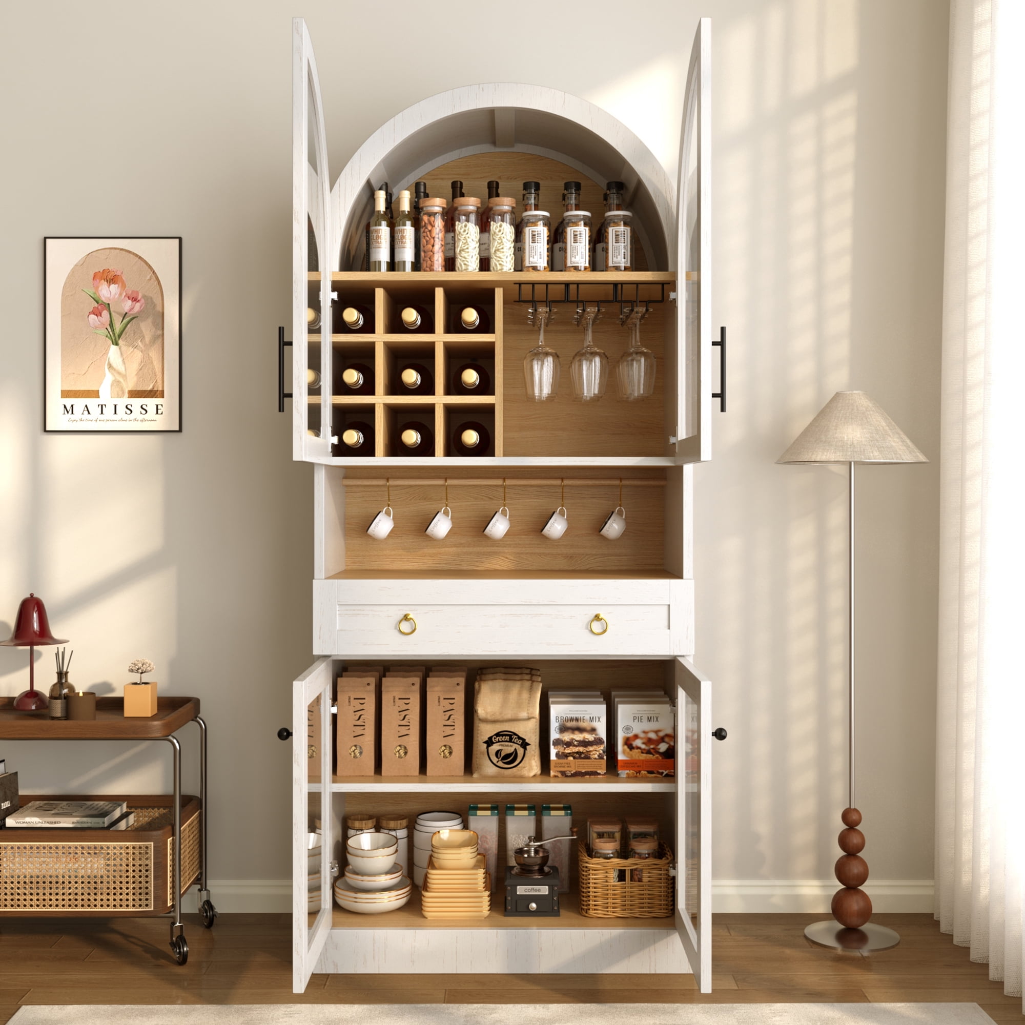 Mintazer 70" Tall Arched Bar Cabinet with Tempered Glass Doors, Freestanding Storage Buffet Sideboard with Removable Wine Rack & Cup Hooks for Dining Room Kitchen Living Room, White