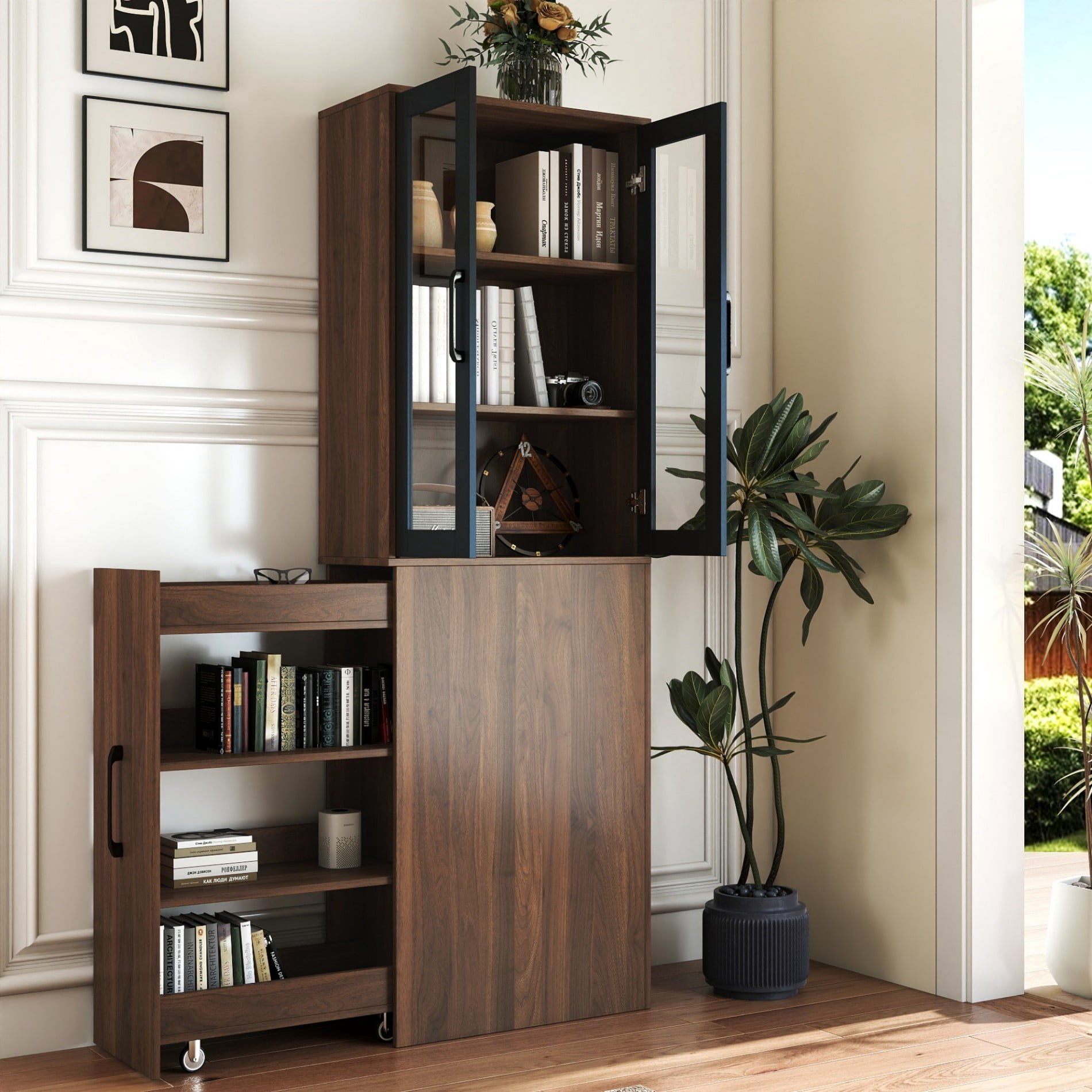 70.8" Tall Pantry Cabinet with Glass Doors, Pull-Out Shelves Storage Cabinet, 4 Tier Display Bookcase with Sliding Organizer, Freestanding Kitchen Storage Cabinet for Living Room, Dining Room, Walnut