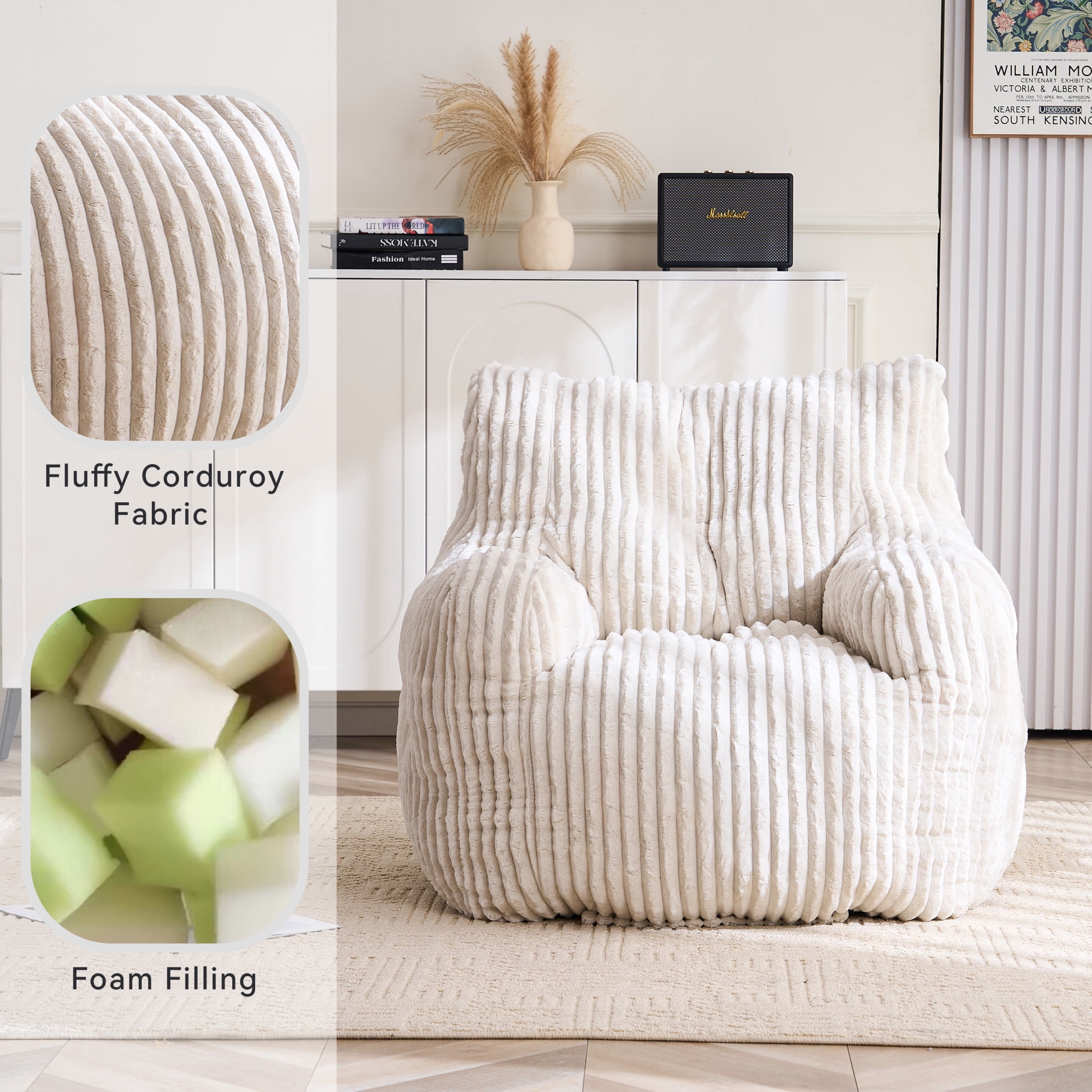 Noble House Solley 39" Fluffy Corduroy Bean Bag Chair, Memory Sponge Floor Lounger Accent Seat for Living Room, Beige