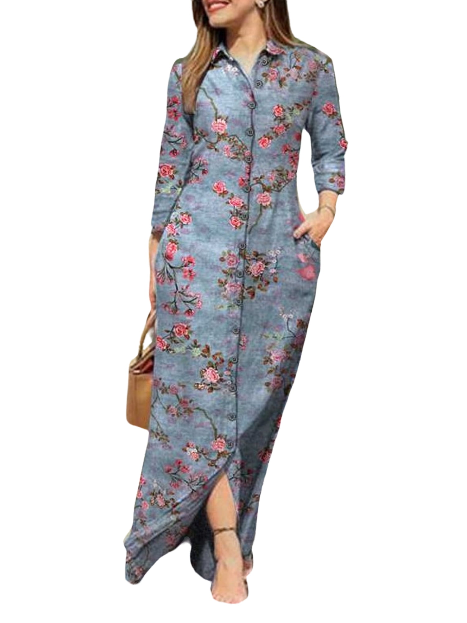 FASHIONWT Women Plus Size Turndown Collar Casual Floral Long Sleeve