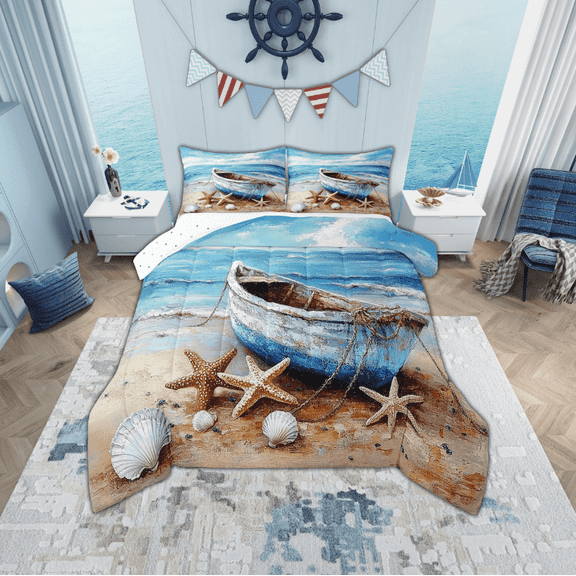 Erosebridal Hawaii Beach Bedding Twin Comforter Set, Sea Wave Seashell Starfish Down Comforter, Reversible 2-Piece