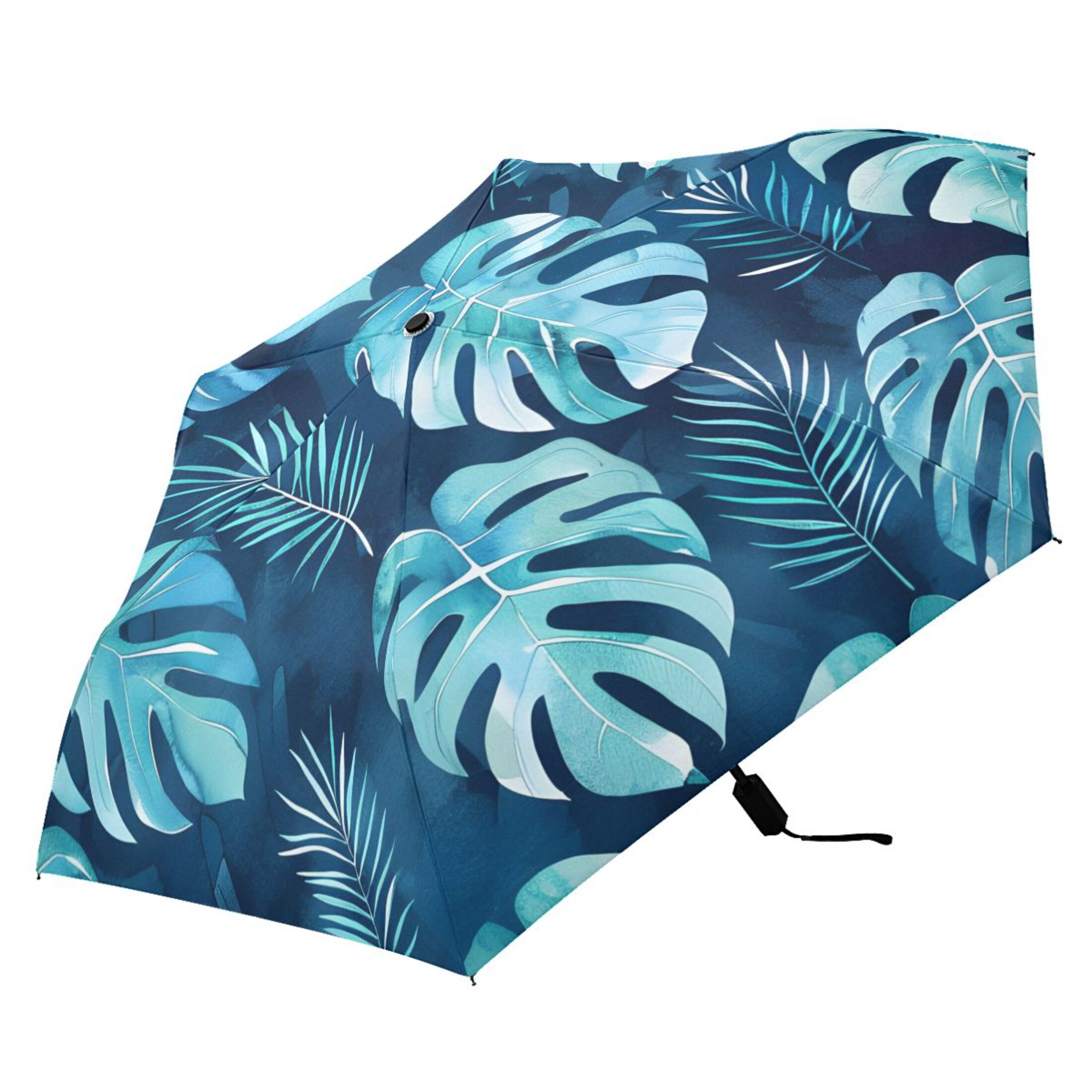 Watercolor Monstera All Weather Umbrella Triple Folding Parasol 6 Ribs UV Protection Portable