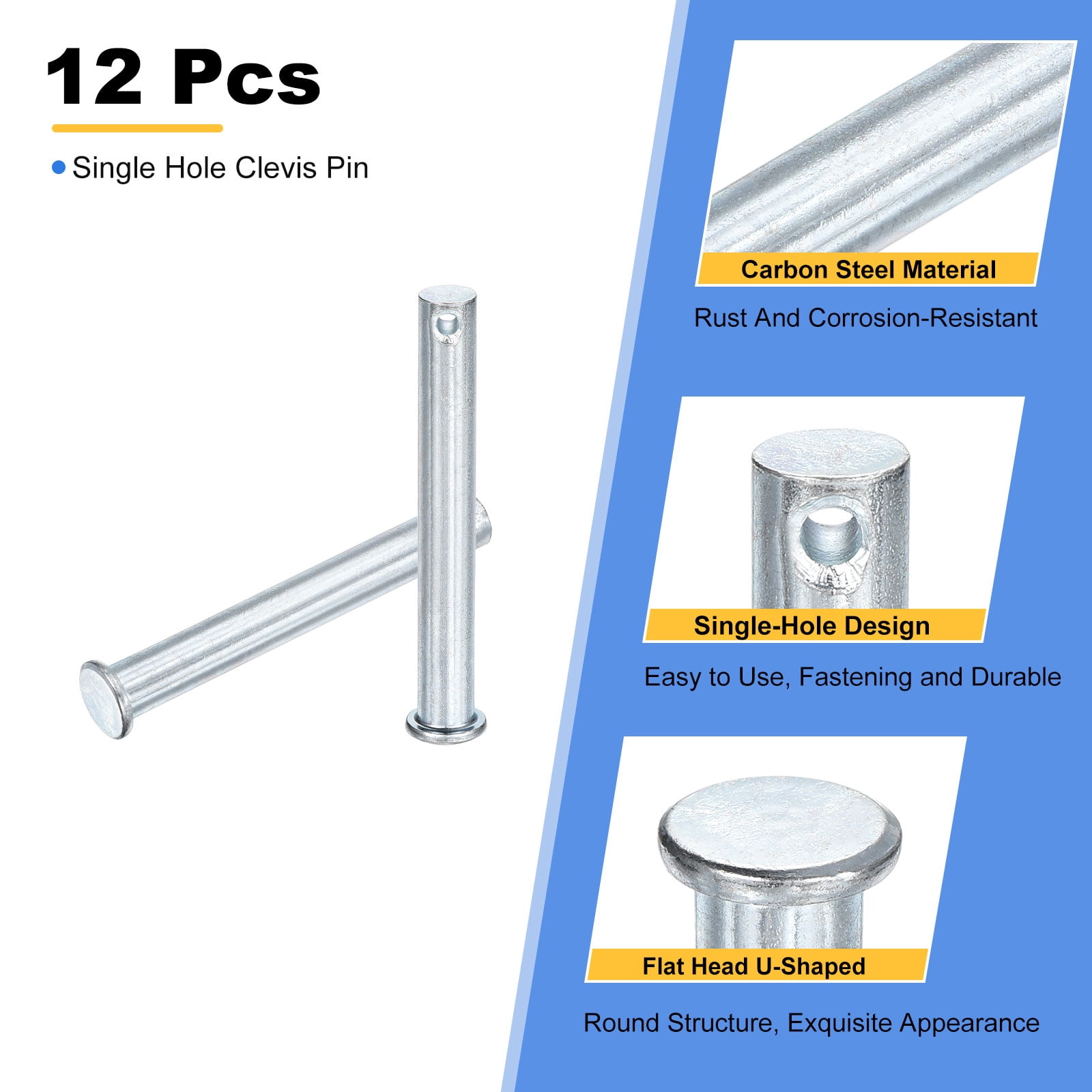 12Pcs M10 x 75mm Single Hole Clevis Pins, Zinc-Plated Carbon Steel Flat Head Pin