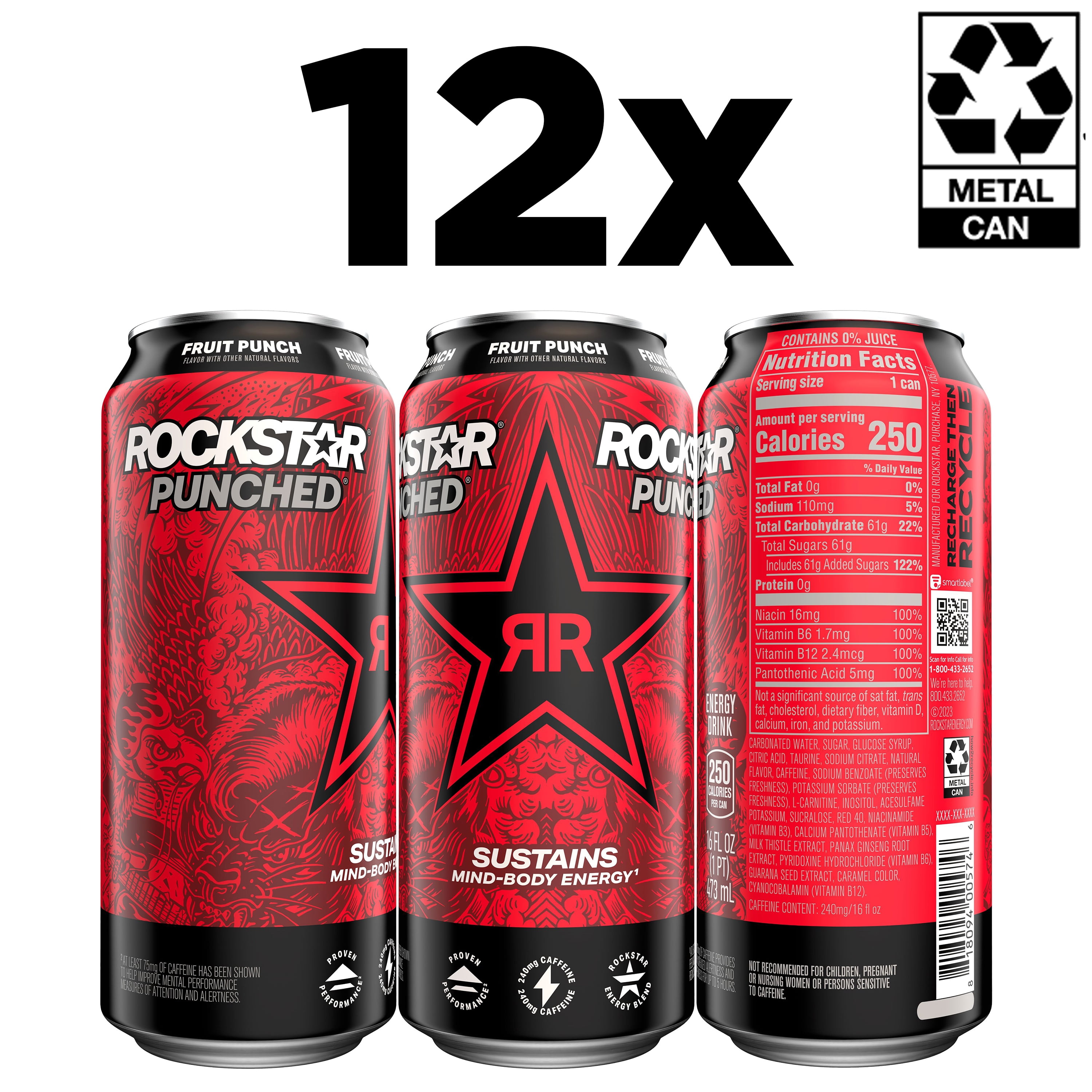 Rockstar Punched Fruit Punch Energy Drink, 16 fl oz, 12 Pack Cans