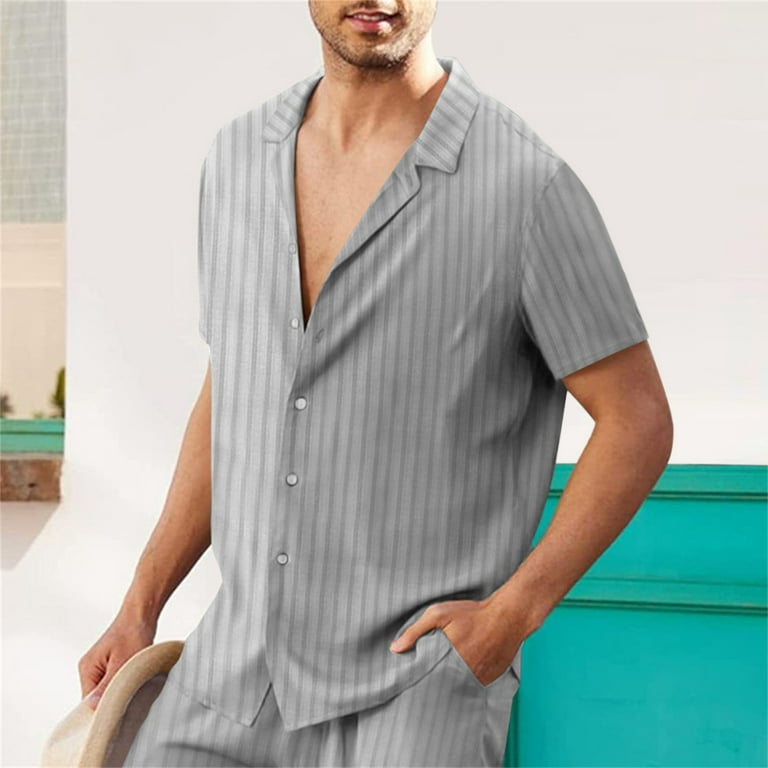 B91Xz Shirts for Men Men's Fashion Vertical Stripes Hawaii Short