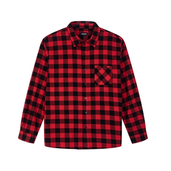 Krumba Mens Flannel Cotton Shirt: Soft Long Sleeve Plaid Button Down Warm Wear - Casual for Fall Winter Work Outdoor Red Black Size XL