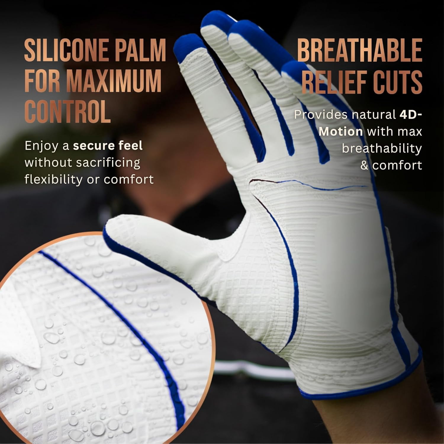 Copper Tech Golf Gloves Men (2 Pack)| Copper Compression Joint Support | Flexible & Comfortable Fit with AAA Leather (White/Royal Blue, X-Large, Left)