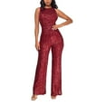 thumbnail image 2 of EliteGoogv Women Sequins Jumpsuit Sleeveless Round Neck One Piece Jumpsuit Slim Fit Wide Leg Pantsuit For Party Cocktail Nightclub Prom Event,Red,L, 2 of 7
