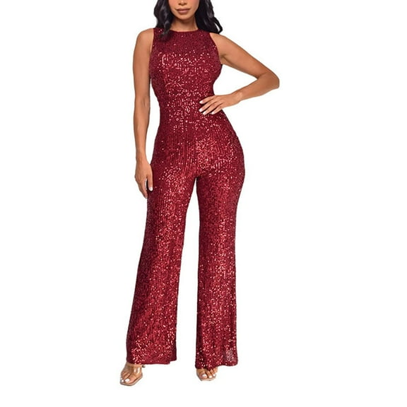 Fsqjgq Jumpsuits for Women Red Bodysuit Boho Sparkling Sequins Seamless One Shoulder Straight Leg Jumpsuit High Waisted Rompers Overalls for Night Party Formal Occasion Tshirt Romper S