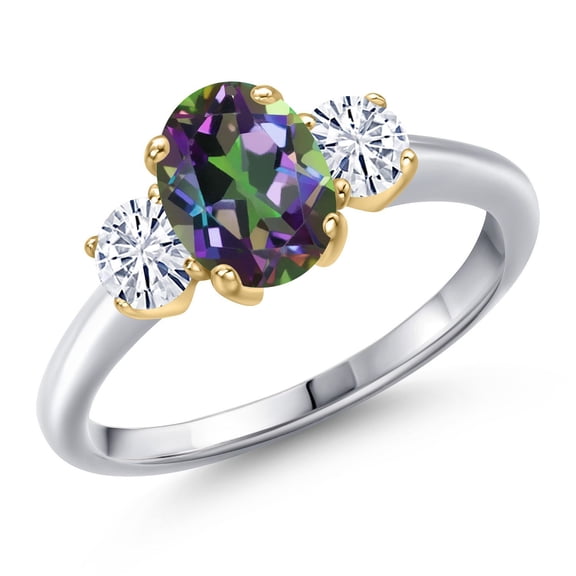 Gem Stone King 10K Two Tone Gold Green Mystic Topaz and White Moissanite Engagement Ring for Women | 2.04 Cttw | Oval 8X6MM | Gemstone November Birthstone | Size 8