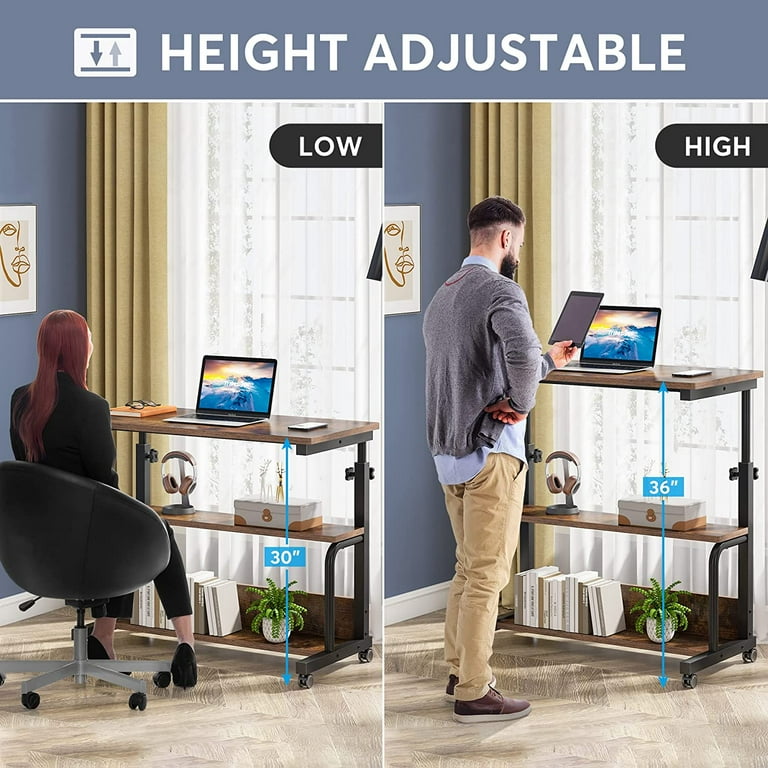 Adjustable height desk with side shelving deals