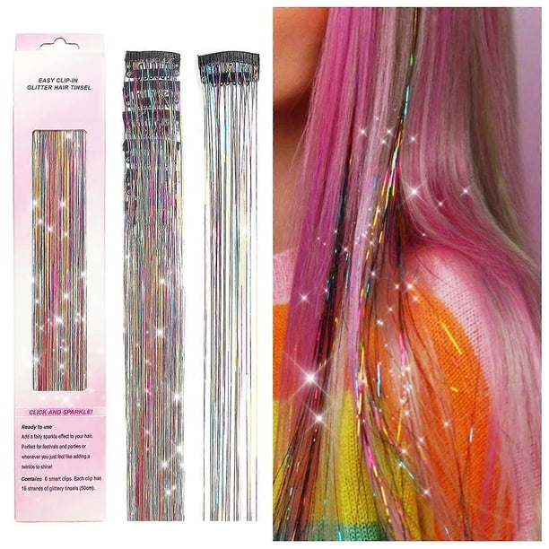 Clip in Hair Tinsel Kit, Pack of 6Pcs Glitter Fairy Tinsel Hair Extensions 20 Inch Shiny Hair Tinsel Heat Resistant, Sparkly Strands Hair Accessories
