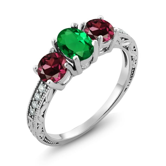 Gem Stone King 1.92 Ct Oval Green Nano Emerald Red Rhodolite Garnet 925 Sterling Silver Moissanite Ring (Size 7)