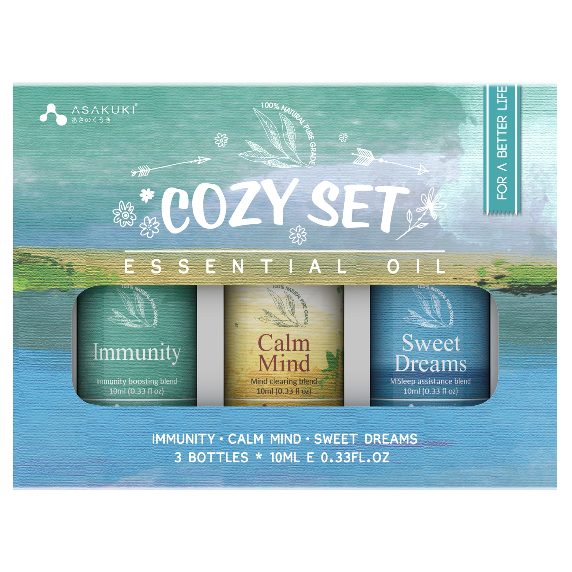 ASAKUKI TOP 3 Essential Oil Gift Set, COZY Aromatherapy Essential Oil Blend for Sleep, Calming(Immunity, Calm mind & Sweet Dreams) - 3 Pack of 10 ml