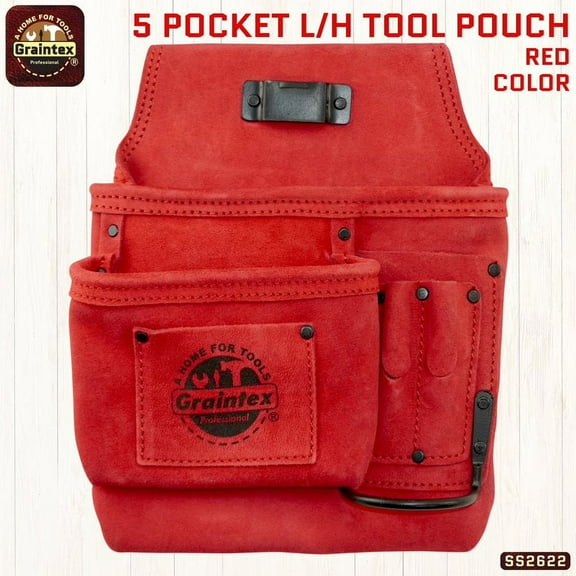 Graintex SS2622 :: 5 POCKET LEFT HANDED NAIL & TOOL POUCH RED COLOR SUEDE LEATHER