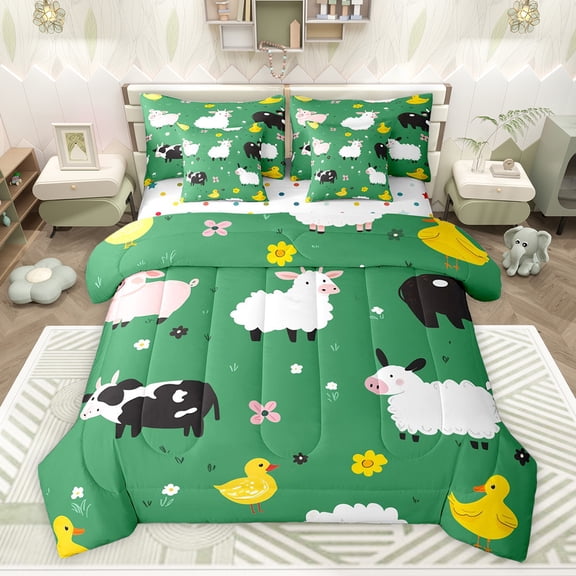 Castle Fairy Animal Sheep Cow Duck Twin Bedding Sets,Chic Flowers Bedding Comforter Set