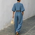 thumbnail image 6 of Womens Casual Two Piece Outfit High Neck Puff Sleeve Crop Top High Waist Wide Leg Pants Textured Casual Set Sky Blue XL(XL), 6 of 8