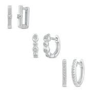 FIFTH AND FINE 3 Pairs Set 1/10 Ctw Diamond One Stone Square Beaded Huggie Earrings 925 Silver