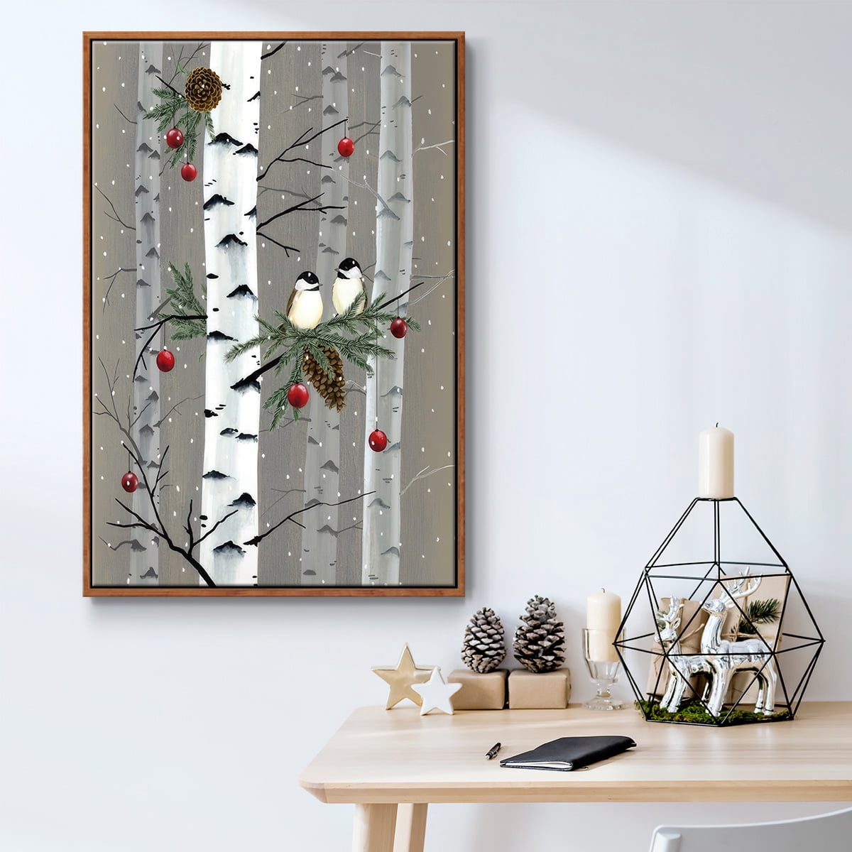 Birch Birds I - Framed Gallery Wrapped Holiday Canvas - 17 x 25 - Rosewood Frame