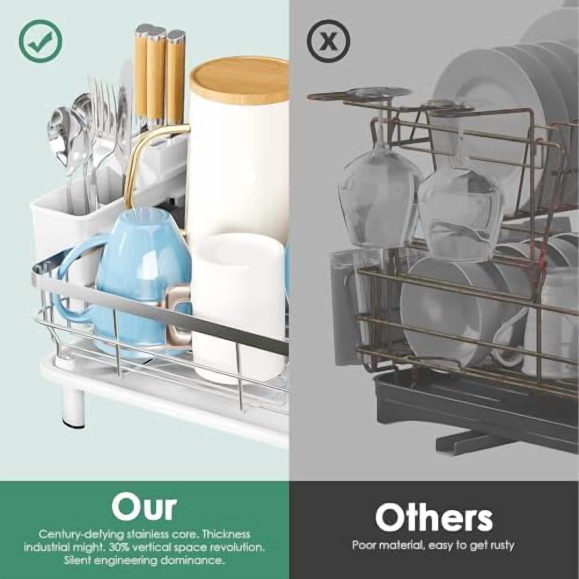 Dish Drying Rack, Dish Rack, Stainless Steel Dish Racks for Kitchen Counter, Dish Drainer with Removable Utensil Holder, Drainboard (White,Stainless Steel,13''W x 17''L)