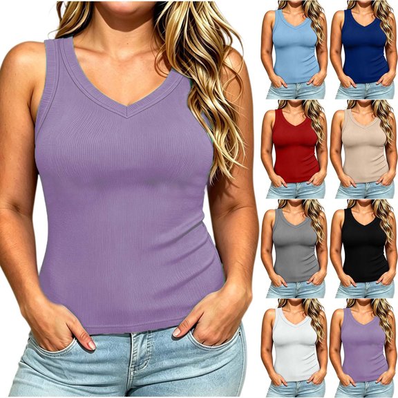 VBVC Women's Plus Ribbed V Neck Fitted Tank Tops , Ladies' Basic Sleeveless Camisole , Summer Casual Layering Shirts For Women, L-5XL