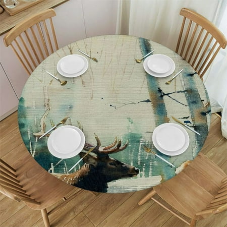 

Palnkart Deer Trees Watercolor Painting Round Table Cover Stain Resistant Washable Indoor Outdoor Tablecloth Kitchen Dining Wedding Parties Outdoor Fitted 100% Polyester Fiber 42-46