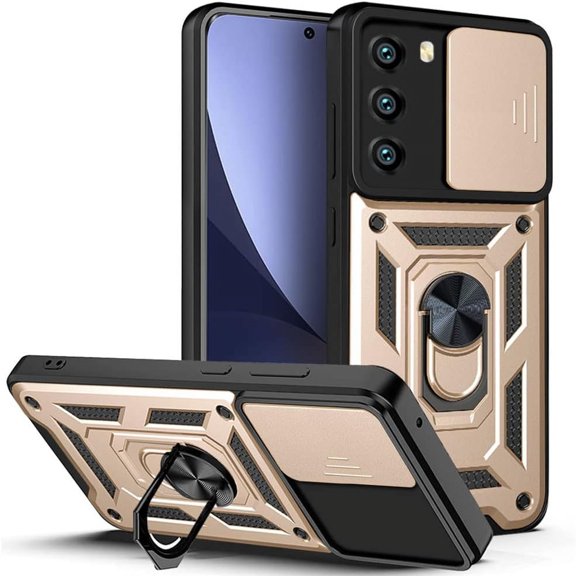 Sturdy Case for Motorola Moto G71 5G with Slide Camera Window, Heavy Duty Protection Phone Cover Case with Ring Stand for Motorola G71 5G SJ Gold