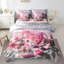 Manfei Pink High Heels 7-Piece Bedding Comforter Set,Chic Bags Perfume King Bedding Sets,Sea Beach Starfish Bed Sheets For Girl Teens,Breathable Home Decor Reversible