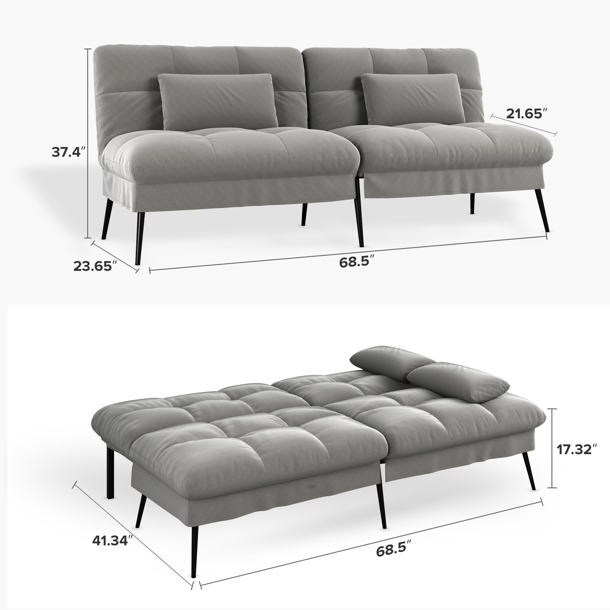 COMHOMA 72'' W Fabric Convertible Futon Sofa Bed with 5 Adjustable Backrest,Gray