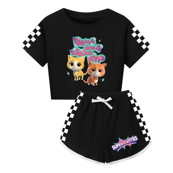 SuperKitties 2-Piece Outfit for Girls – Kids Tee and Drawstring Shorts – Birthday Gift Idea
