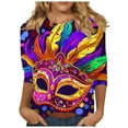 thumbnail image 3 of DDAPJ pyju Mardi Gras Shirts for Women Crew Neck Carnival Parade Party Blouse 3/4 Length Sleeve Womens Tops Dressy Casual T-Shirt Mask Graphic Tees Multicolor L, 3 of 6
