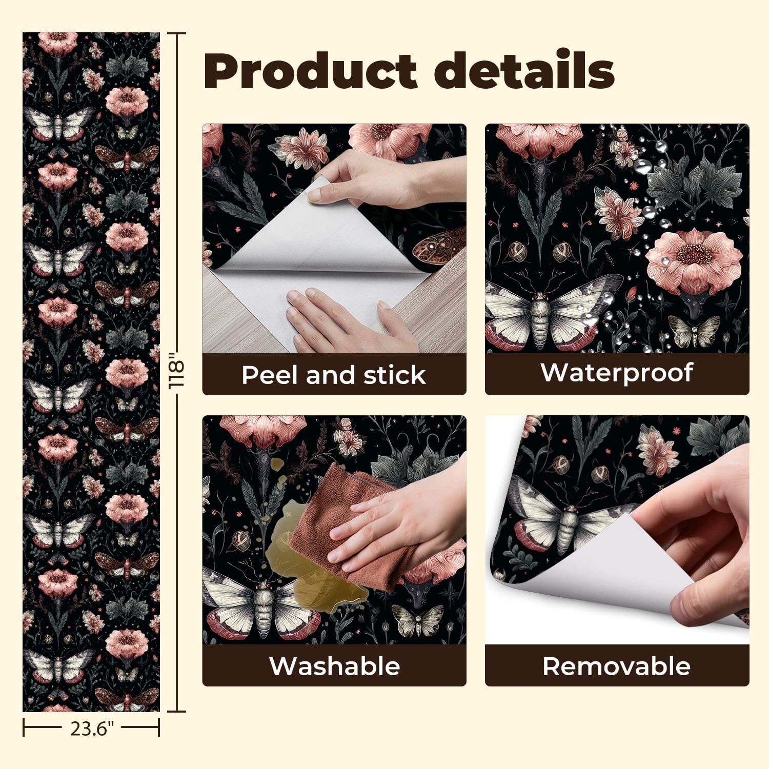 Peel and Stick Wallpaper Moths Floral Pink Flowers Dark Botanical Wall Mural 23.6in x 9.8ft Self Adhesive Removable Wall Paper Renter Friendly Wallpaper for Nursery Bedroom Cabinets