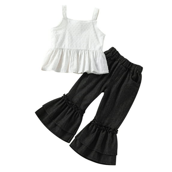 TSEXIEFOOFU Kid Girl Long Pants Outfits, Sleeveless Ruffles Hem White Tank Tops + Elastic Waist Flare Pants Set