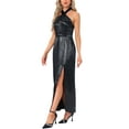 thumbnail image 4 of INSPIRE CHIC Women's Backless Split Satin Floral Halter Deep V Neck Party Cocktail Maxi Dresses 2XL Black, 4 of 6