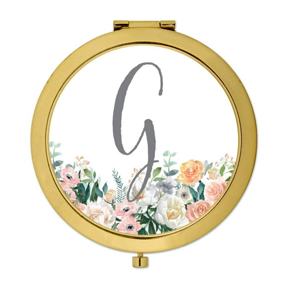 Koyal Wholesale Gold Compact Mirror Bridesmaid's Wedding Gift, Peach Flower Florals on White, Monogram Letter G, 1-Pack