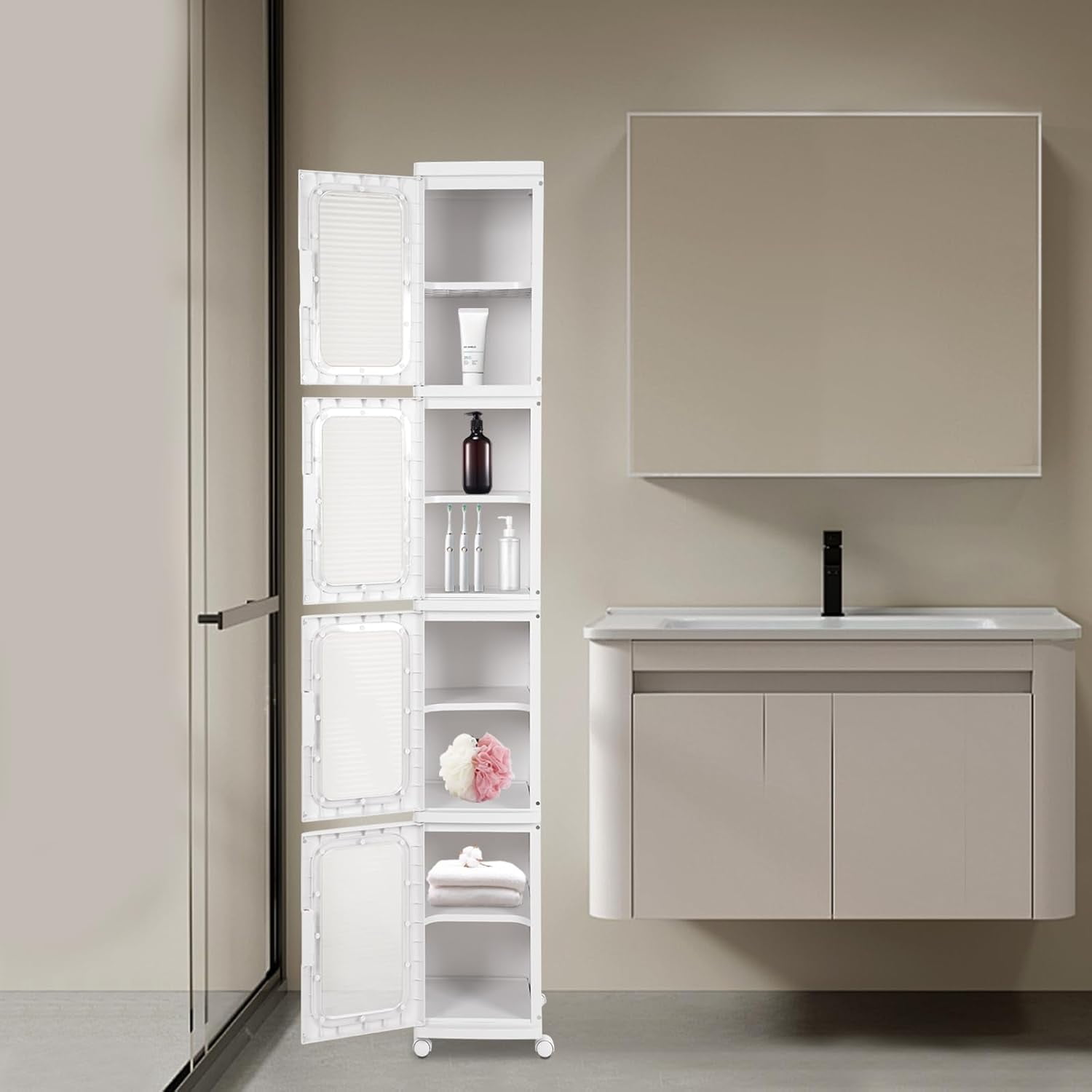 4-Tier Narrow Slim Storage Cabinet Narrow Tall Cabinet Cart Storage Tower for Bedroom, Kitchen Narrow Cabinet Deep Tall Narrow Cabinet Slim Bathroom Cabinet Narrow Cabinet For Small Spaces, Modern