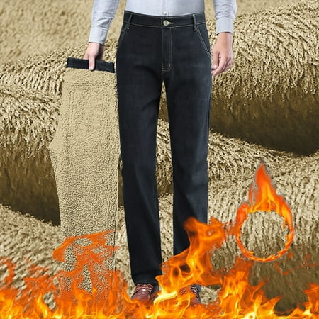 MHFRRA Baggy Jeans Men Men s Padded and Thickened Jeans Loose Straight Elastic Autumn and Winter Warm Casual Style Denim Trousers Size 32