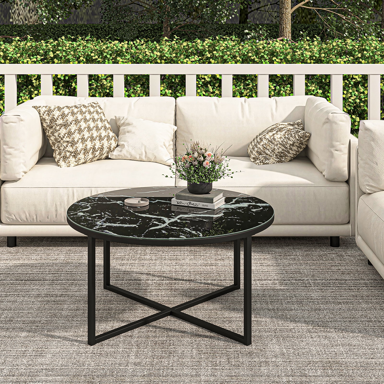 Kadyn Cross Legs Coffee Table, Modern Metal Sofa Center Table for Living Room, Round Table Cocktail Table with Metal Base, Black Kadyn Cross Legs Coffee Table, Modern Metal Sofa Center Table for Living Room, Round Table Cocktail Table with Metal Base, Black
