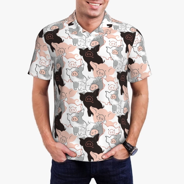 Balery Pigs Camisa Polo de Hombre con Estampado, de Manga Corta y Tejido Medio, Camisa Tipo Golf Polo-Small