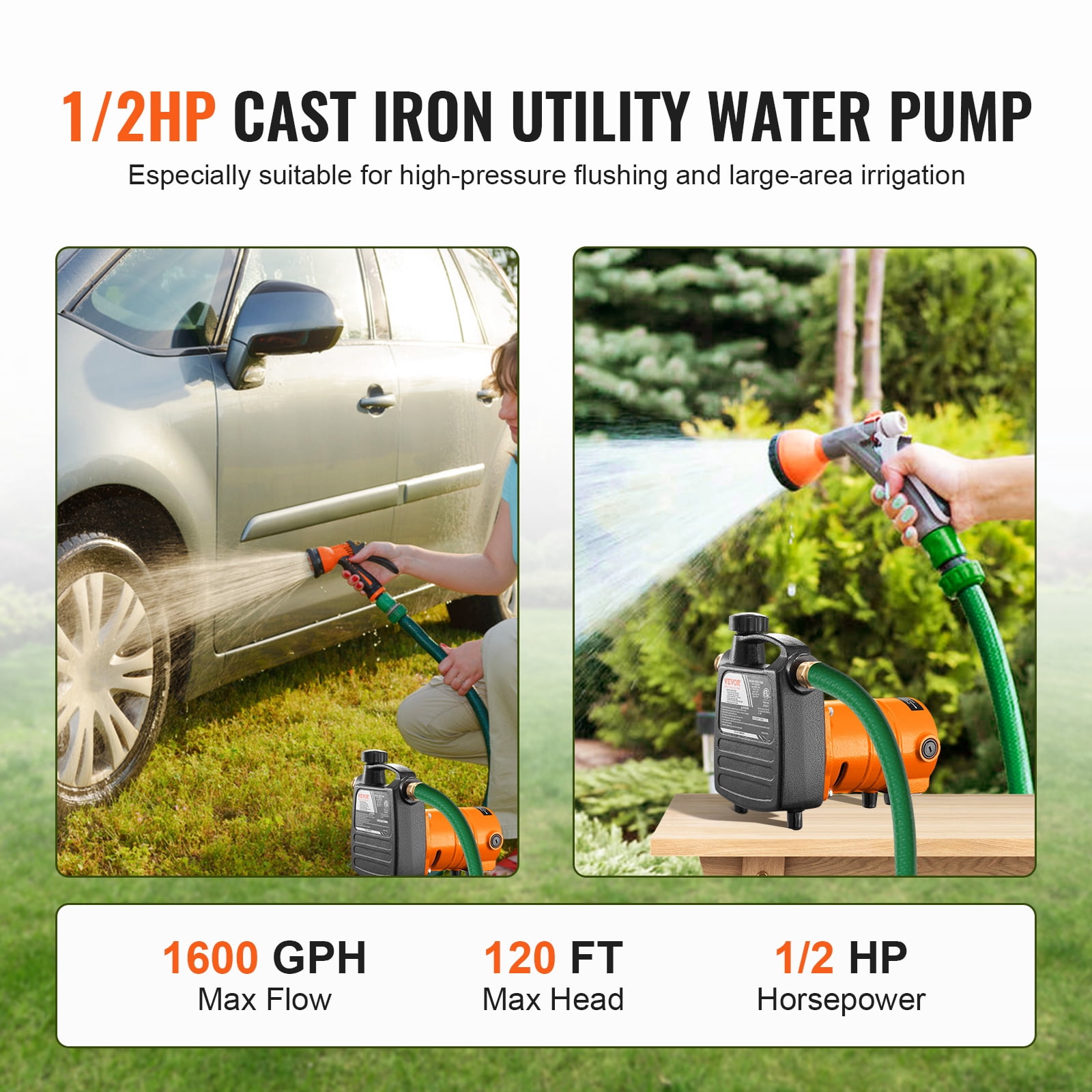 VEVOR Cast Iron Water Transfer Pump, 115V AC 1600 GPH 1/2HP, Portable Electric Utility Pump with Carbon Brush, Filter, Brass Connectors, for Garden, Rain Barrel,Pool,Pond,Hot Tub,Aquarium Draining
