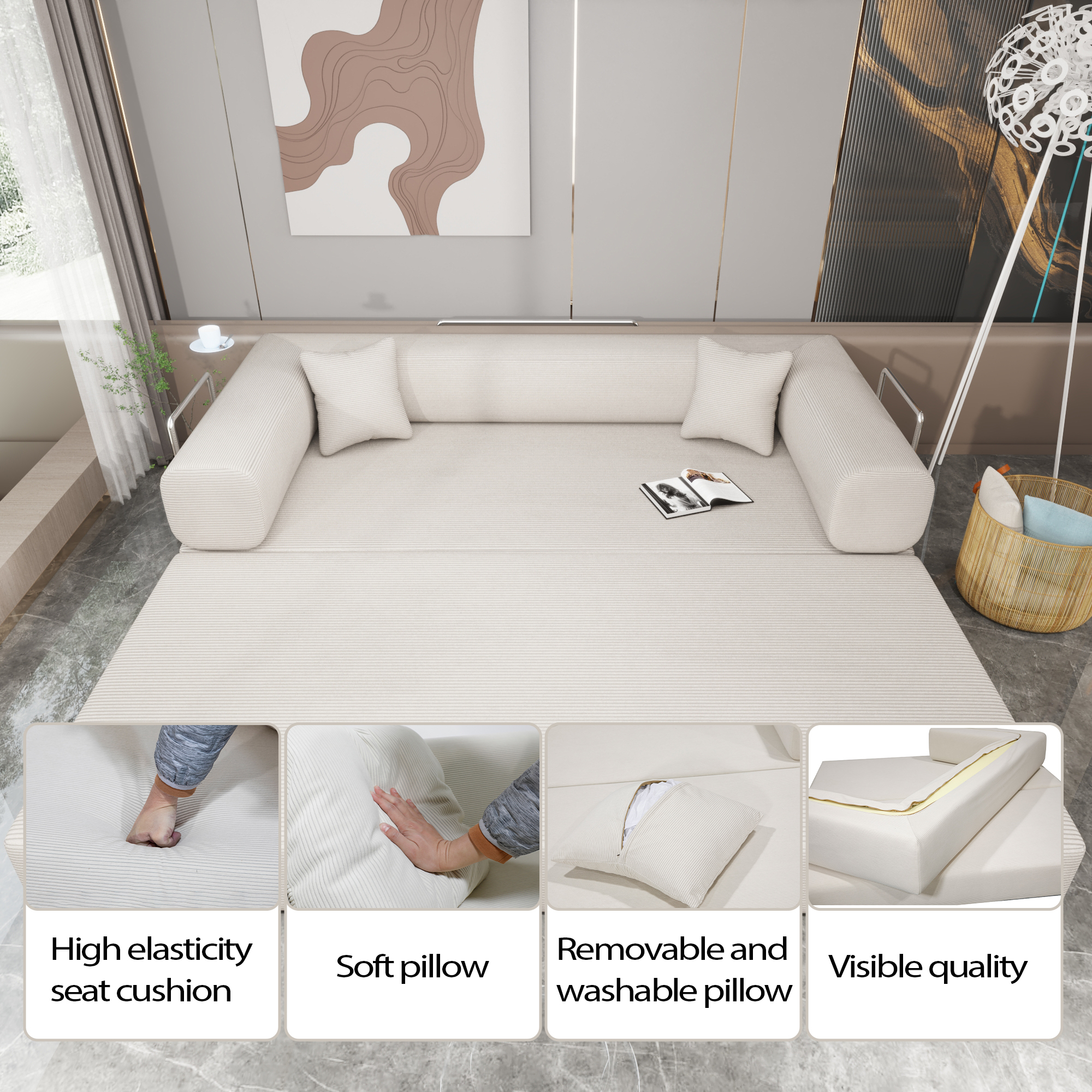 Convertible Floor Sofa Bed, Foldable Mattress Cloud Couch with Pillow Back & Armrest, Corduroy Sleeper Sofa Bed with Fixed-Shape Frame, Compressed Couch for Living Room Bedroom,Beige
