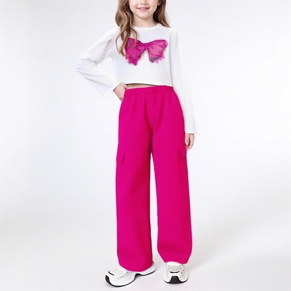 DAETIROS Girls Cargo Pants and Bow Crop Top 2 Piece Set, Soft Stretch Play Outfit for Kids Kids to Teens, Hot Pink,Size 11-12 T