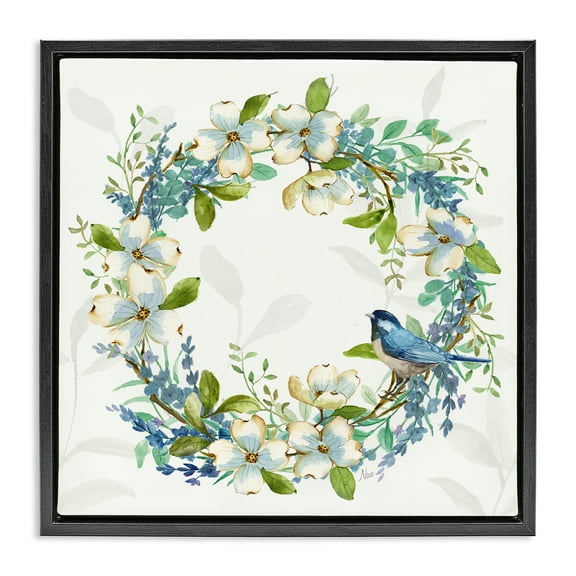 Stupell Industries Dogwood Wreath & Bluebirds Plants & Flowers Painting Black Floater Framed Canvas Art Print Wall Art, 18 x 18