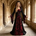 thumbnail image 3 of KICILVS Witch Costume Women Hooded Gothic Robe Corset Waist Bell Sleeve Maxi Length Damask Print Vampire Cloak Outfit Red, 3 of 9