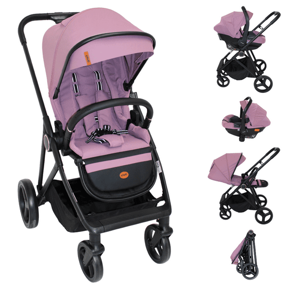 System travel carriola Sicilia + portabebé plagado compacto telas premium rosa
