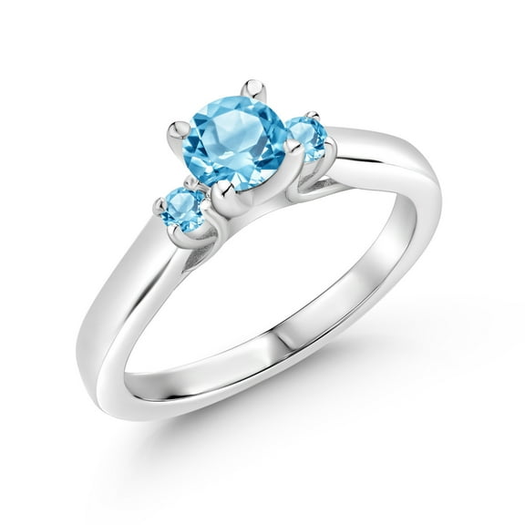 Gem Stone King 925 Sterling Silver Swiss Blue Topaz 3-Stone Engagement Ring for Women (0.81 Cttw, Gemstone November Birthstone, Size 6)