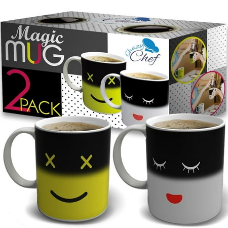 Magic Color Changing Funny Mug - 2 Pack Cool Coffee Tea Unique Heat Changing Sensitive Cup 12 oz Yellow & White Happy Face Design Drinkware Ceramic Mugs Birthday Gift Idea for Mom Dad Women & Men