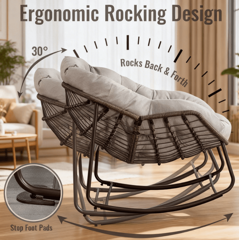 Outdoor Rocking Chair, Wicker Egg Rocking Chair Rattan Papasan Rocker with Thick Cushion